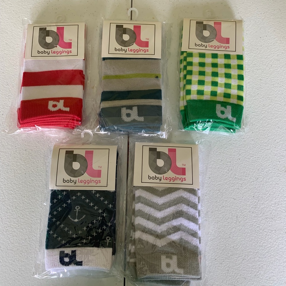 New Set of 5 Baby Leggings Various Designs & Colors Red White Striped Socks Blue